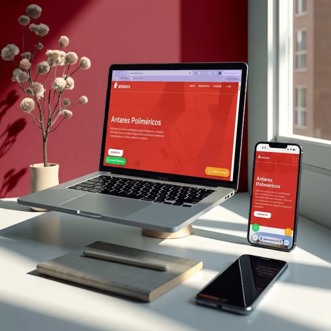 Sitio web para Antares Poliméricos mostrado en distintos dispositivos